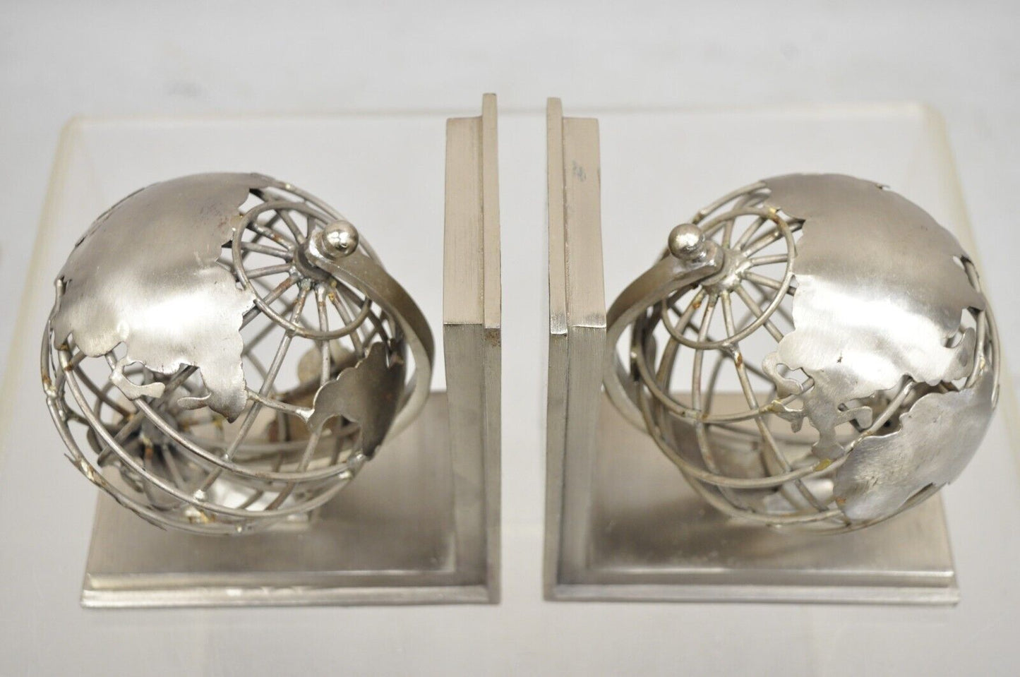 Restoration Hardware Industrial Modern Metal Spinning Globe Bookends - a Pair