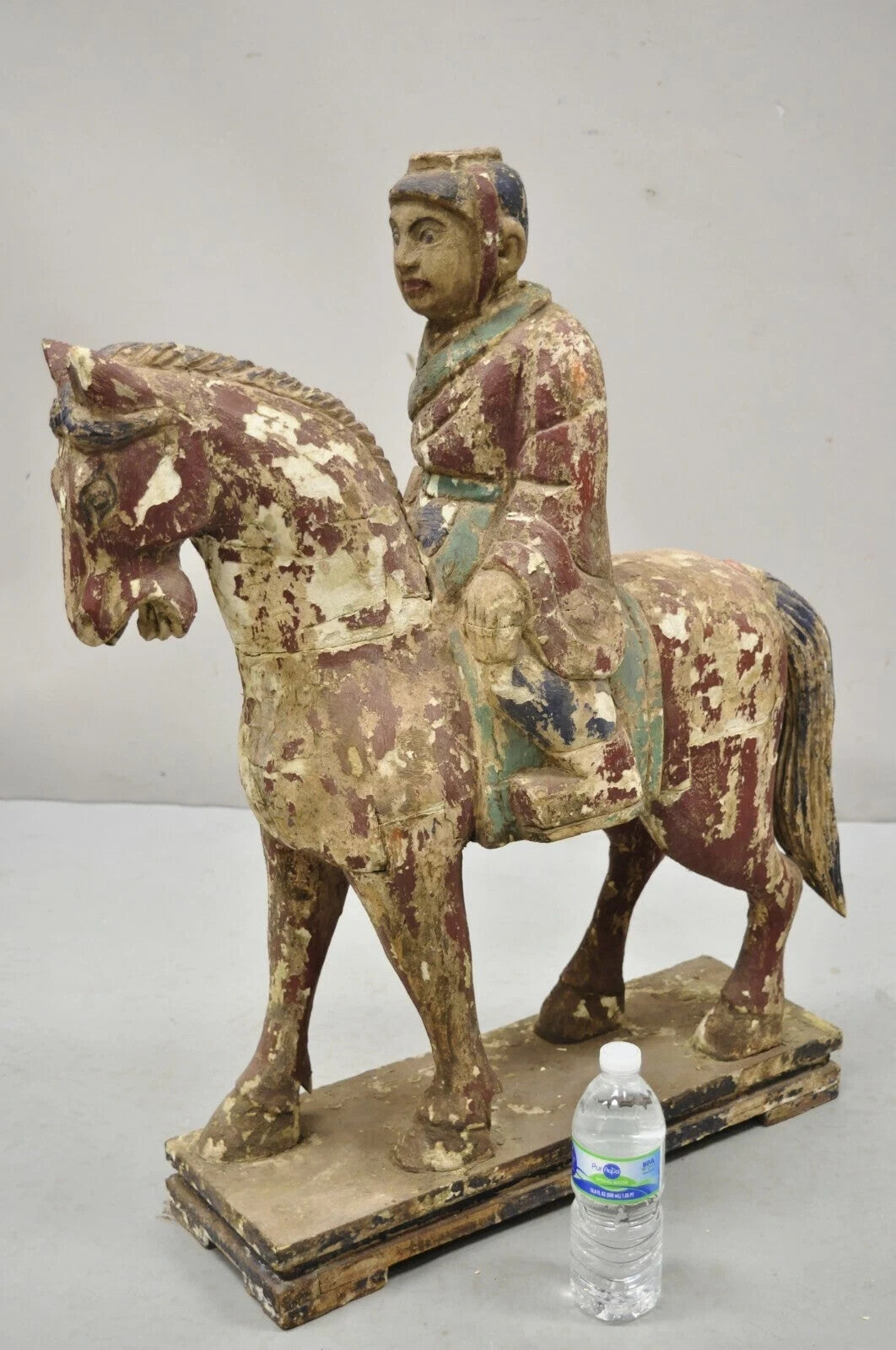 Chinese Polychrome Carved Wood Tang Horse and Rider Statue Sculpture