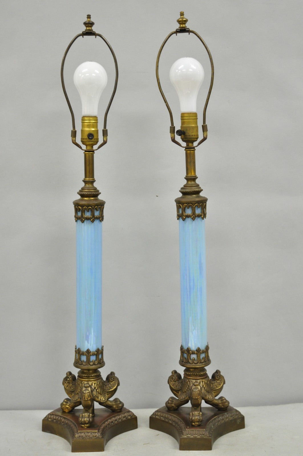 Vintage Italian Neoclassical Empire Iridescent Blue Glass Column Table Lamp Pair