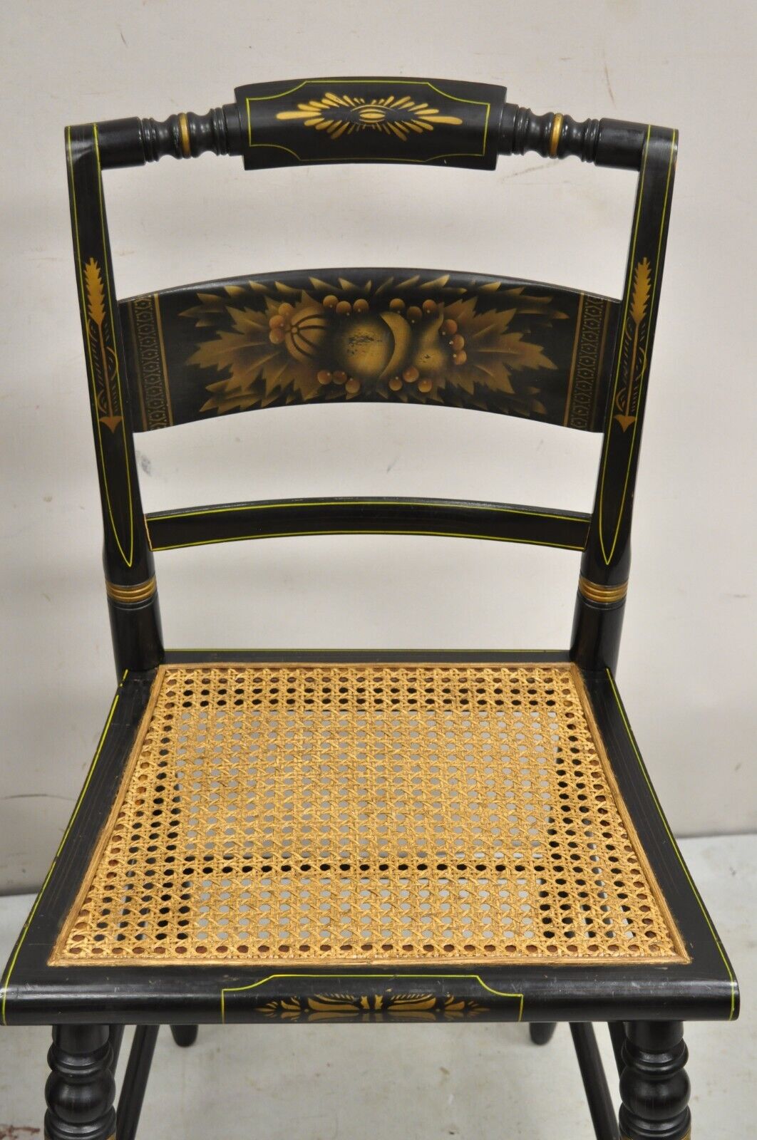 Vintage L. Hitchcock Black Stencil Harvest Decorated Cane Side Chair - a Pair