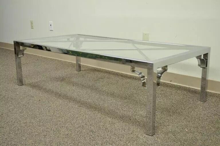 Mid Century Modern Chrome X-Frame Glass Top Hollywood Regency Coffee Table