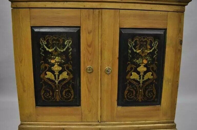 Antique Country French Neoclassical Putti Painted Pine Cupboard Cabinet Hutch