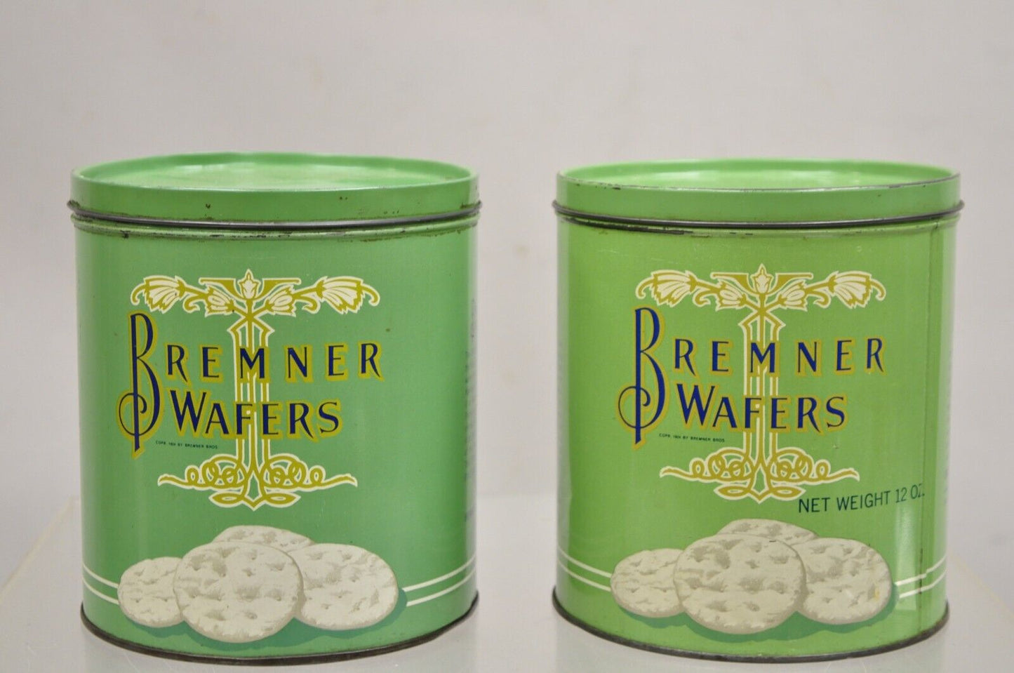 Vintage Bremner Wafers Tin Mint Green Round Lidded Metal Biscuit Metal Box Pair