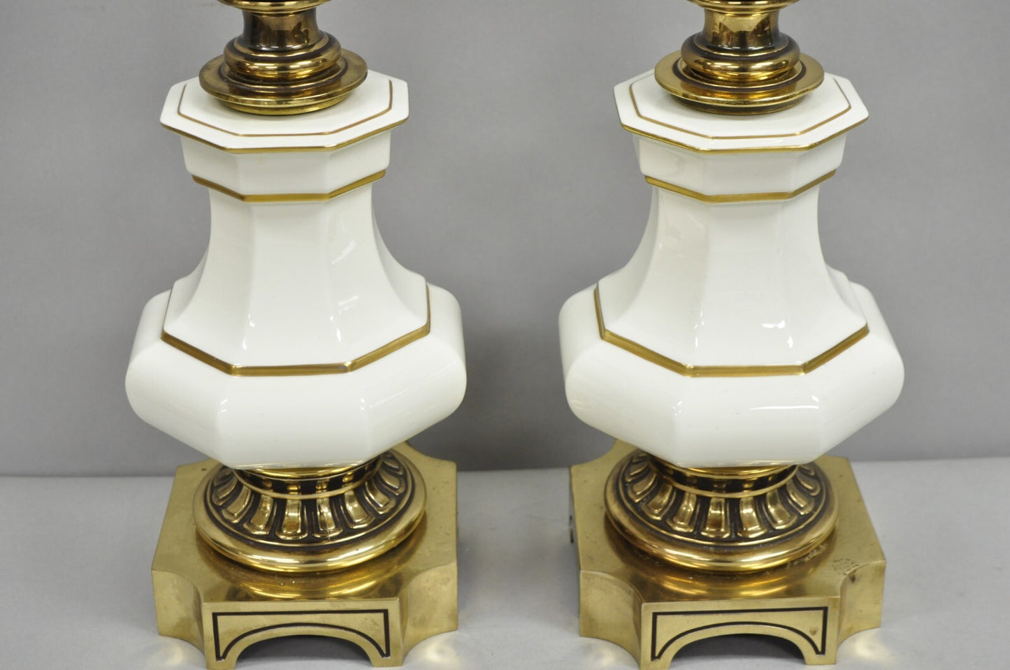 Vintage Stiffel Empire Style Burnished Brass & Porcelain Table Lamps (A) - Pair