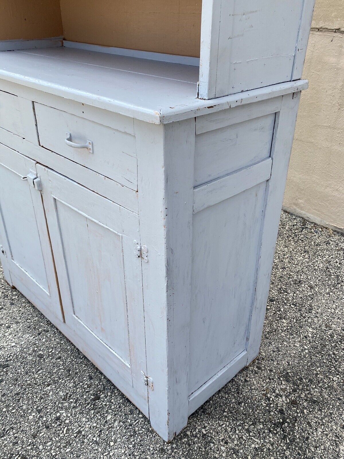 Antique Country Farmhouse White Painted 2 Piece Step Back Hutch Kitchen Cupboard