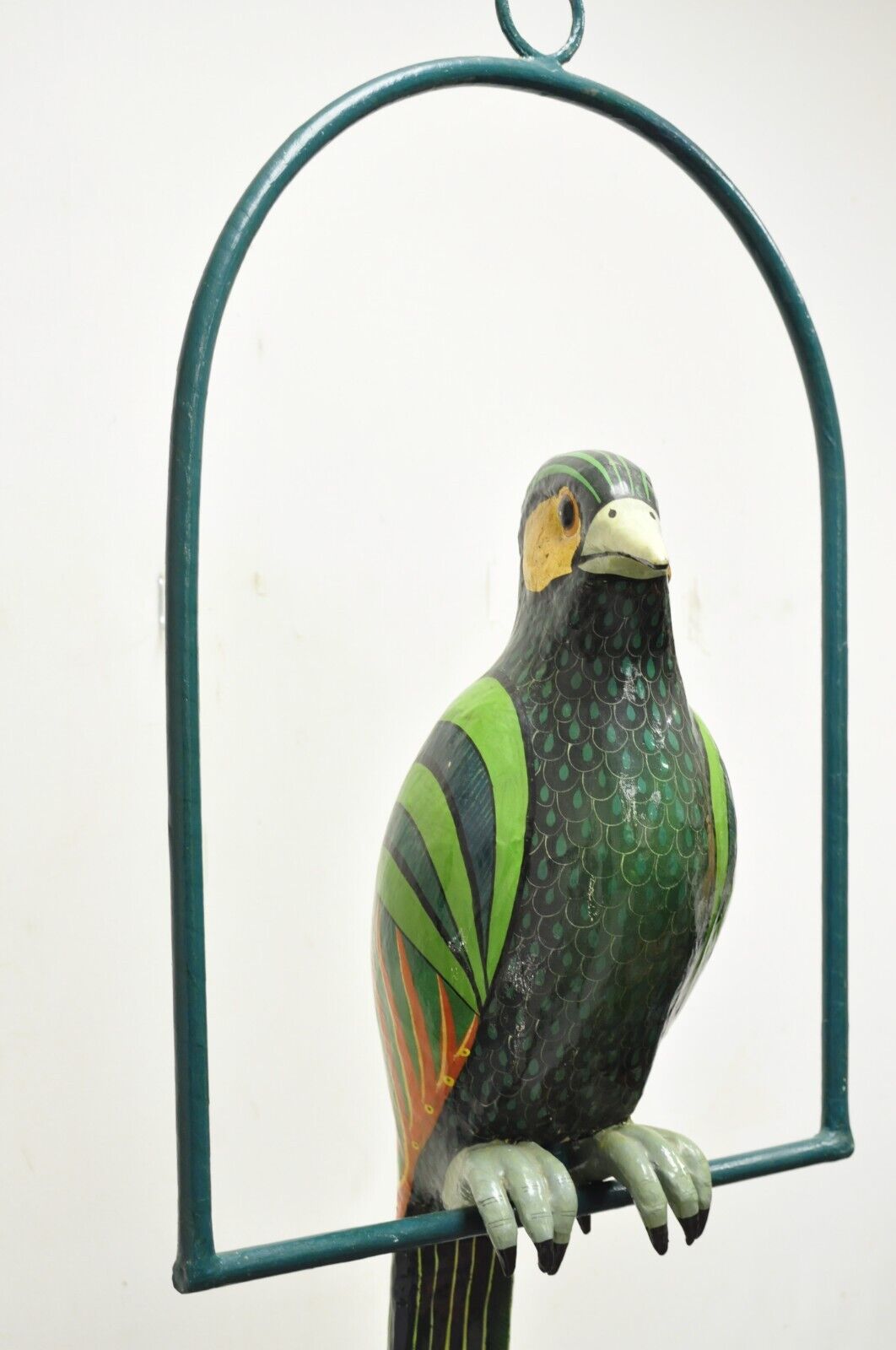 Signed Sergio Bustamante Paper Mache Green Parrot Bird Hanging Sculpture