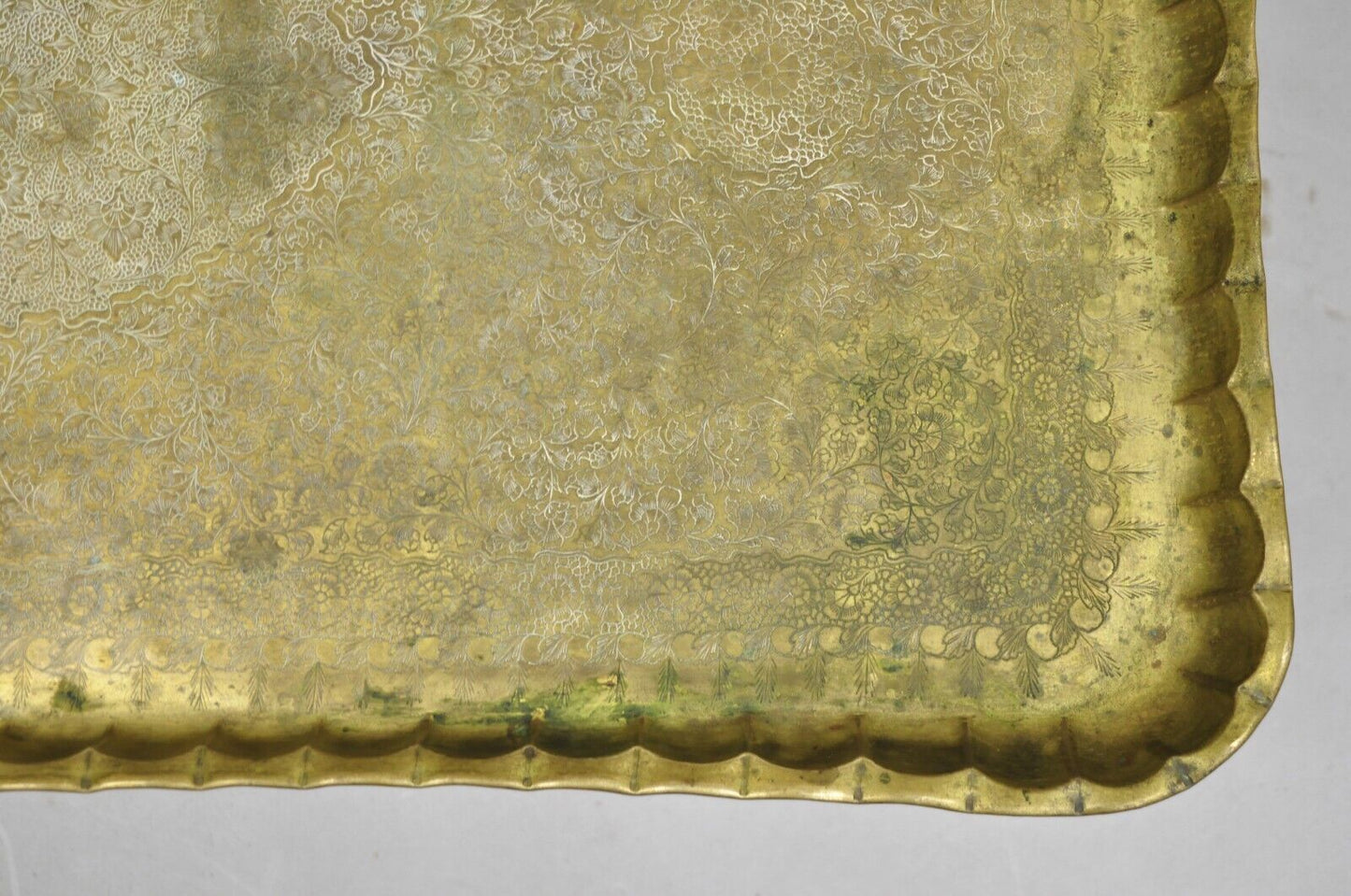 Vintage Moroccan Middle Eastern Solid Brass Rectangular Engraved 30" Tray Top