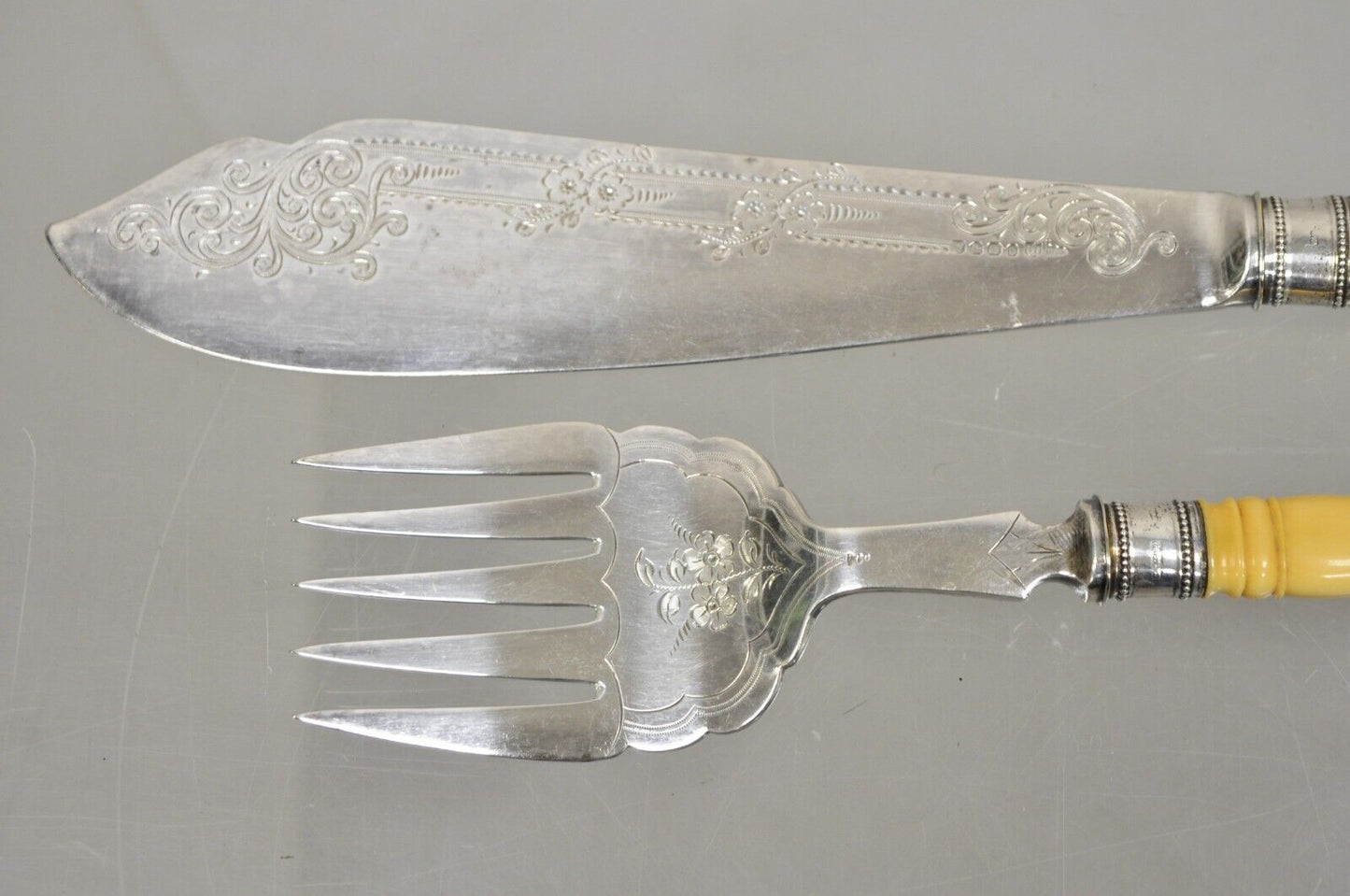 Antique English Victorian Floral Engraved Fish Knife & Fork Set Celluloid Handle
