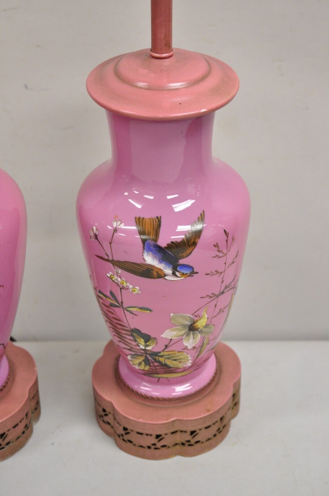 Vintage Chinoiserie Pink Porcelain Japanese Bird Painted Table Lamps - a Pair
