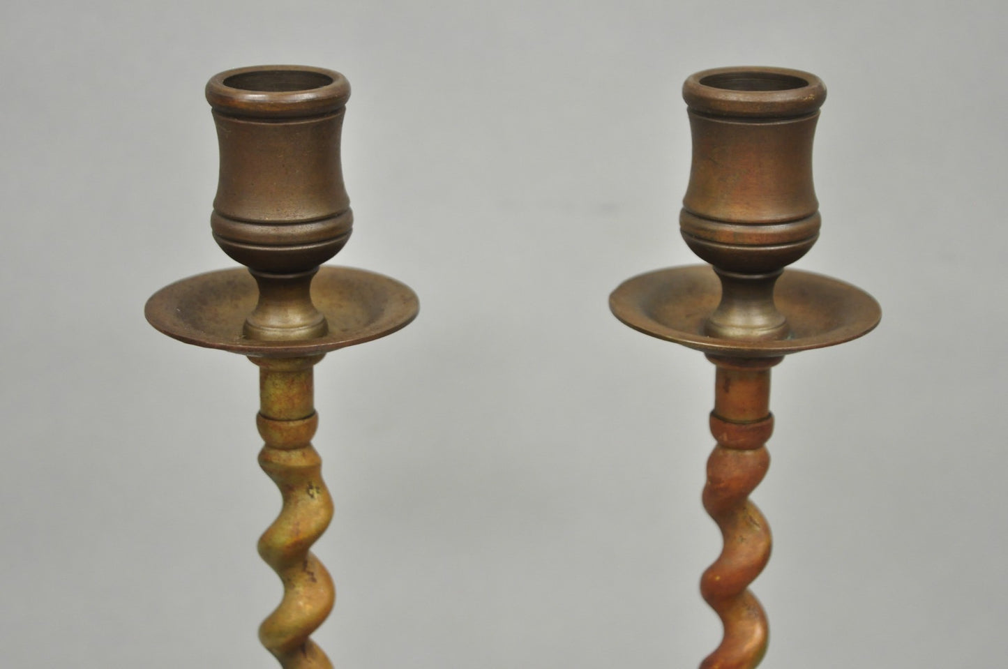Vintage English Regency Small Patinated Bronze Barley Twist Candlesticks a Pair