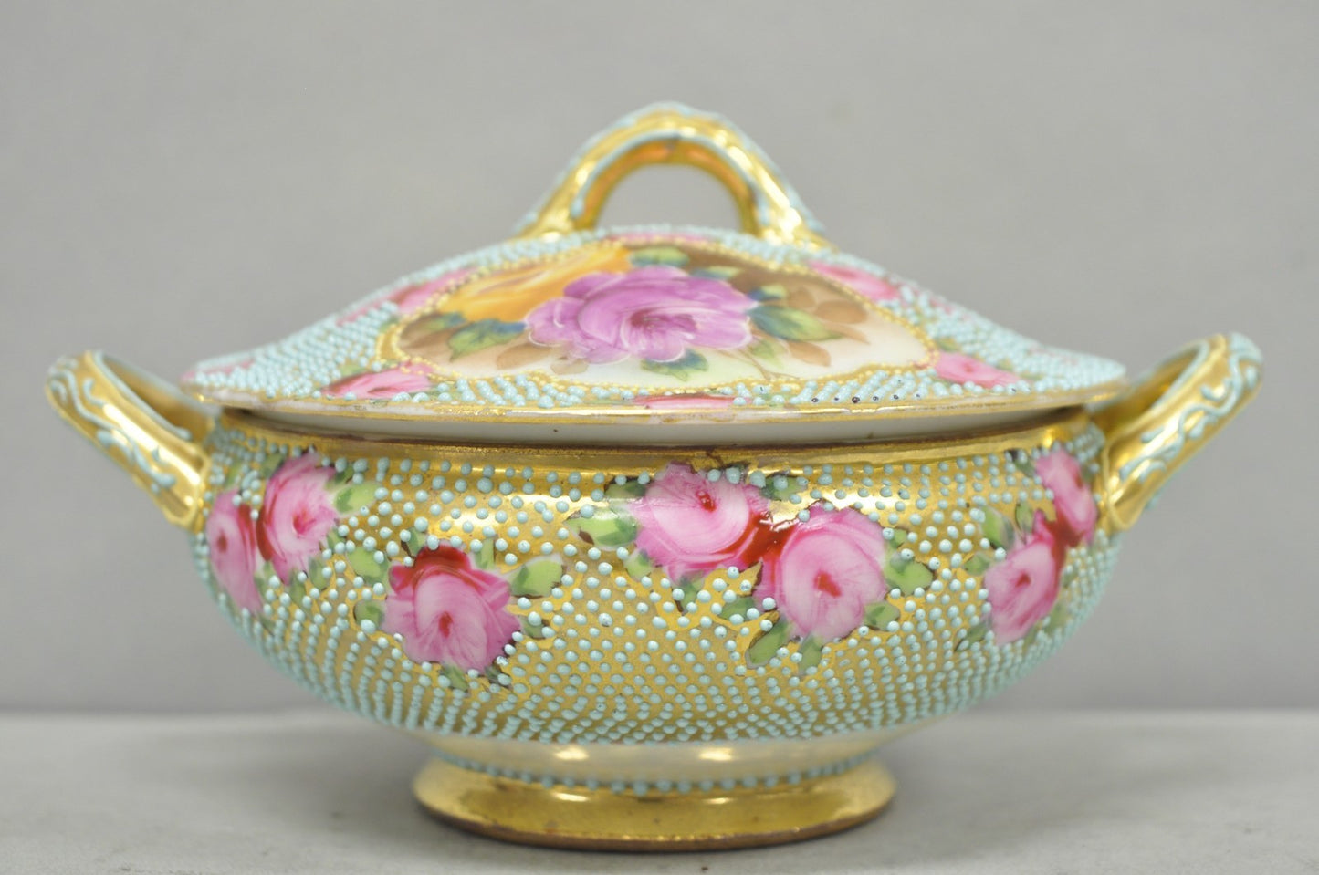 Antique Nippon Hand Painted Gold Gilt Porcelain Green Moriage Covered Sugar Bowl
