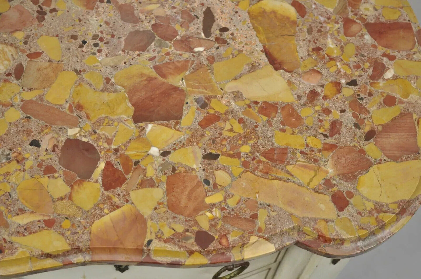 Antique French Louis XV Style Marble Top White Painted Bombe Nightstand Table