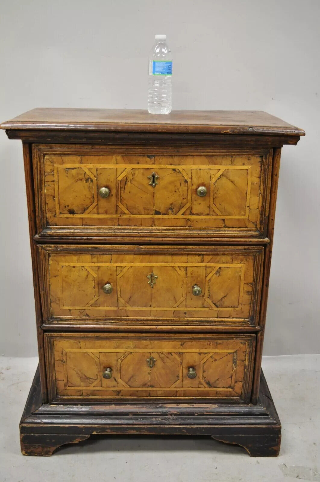 19th Century Italian Marquetry Inlay Walnut 3 Drawer Commode Chest Nightstand
