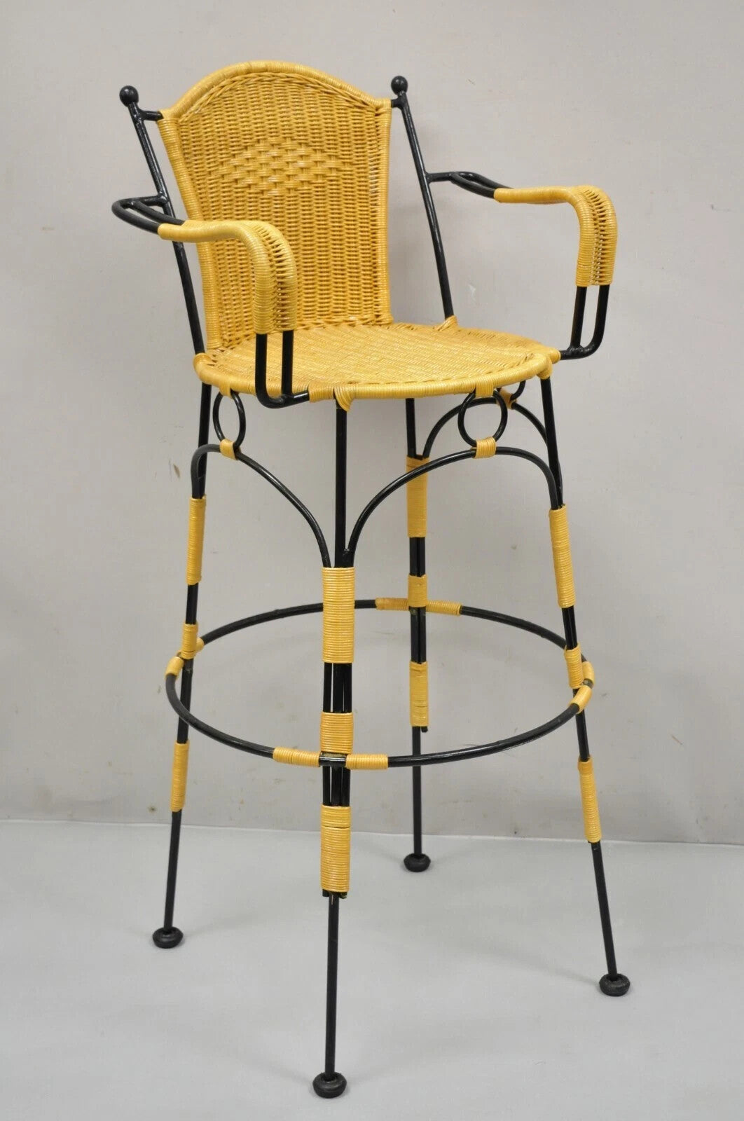 French Country Wrought Iron Woven Vinyl Rattan Bar Stools With Arms - Set of 4