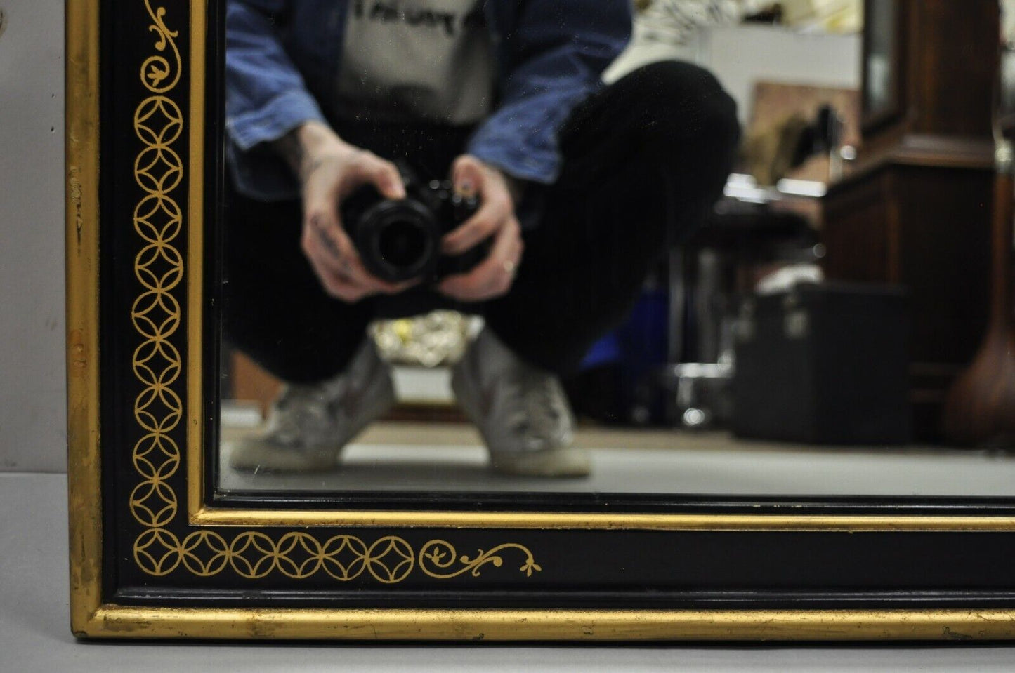 Vintage Chinoiserie Drexel Et Cetera Style Black Gold Arch Wall Mirror