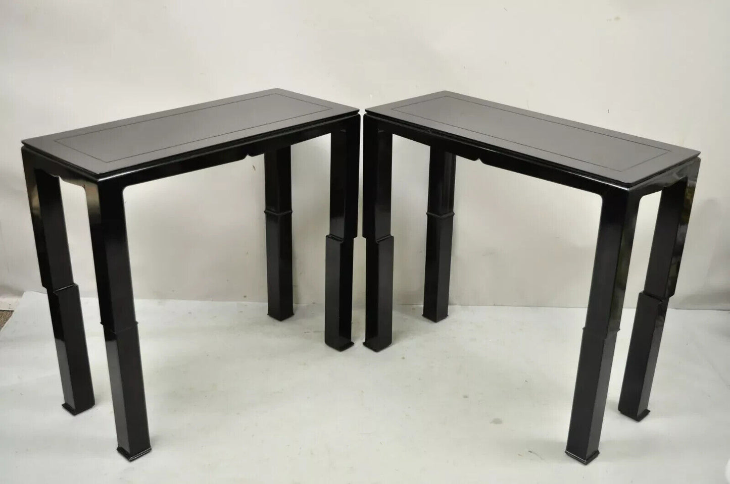 Chinese Ming James Mont Style Black Lacquer Sofa Hall Console Tables - Pair