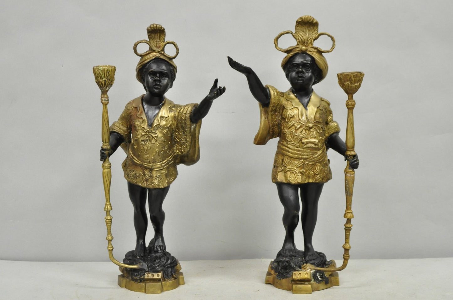 Vintage Moorish Venetian Blackamoor Figural Bronze Candelabra Candle Holder Pair