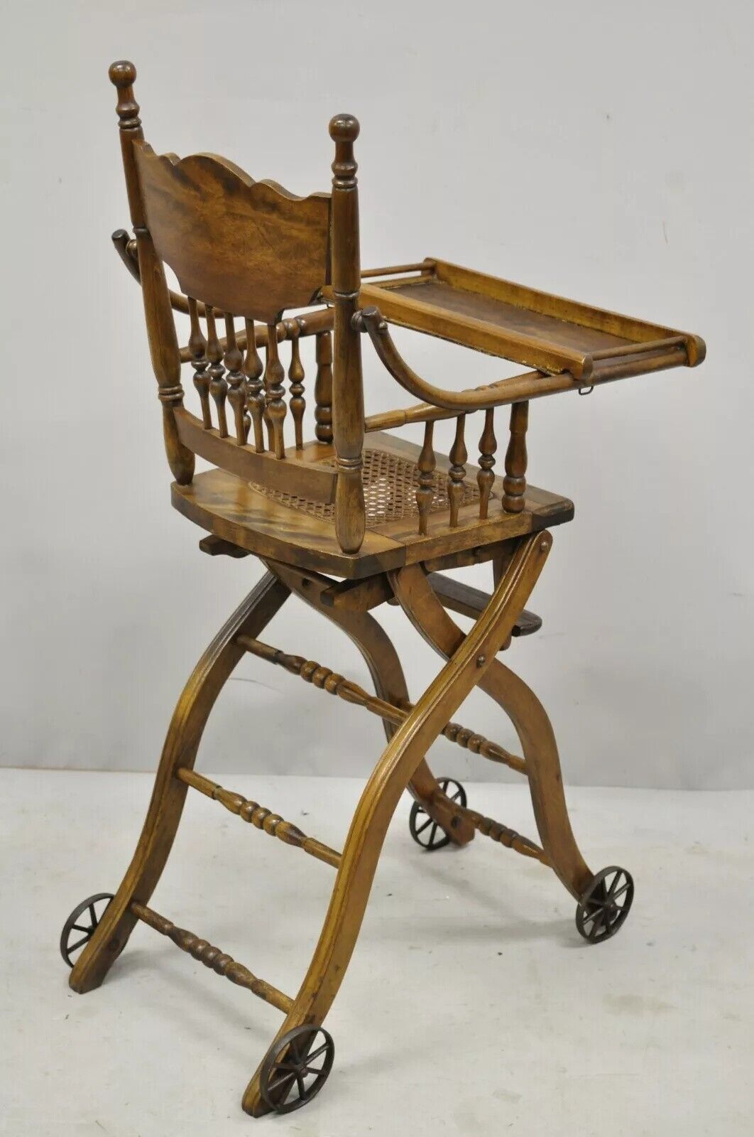 Antique Victorian Oak Convertible Pressed Back High Chair Baby Stroller