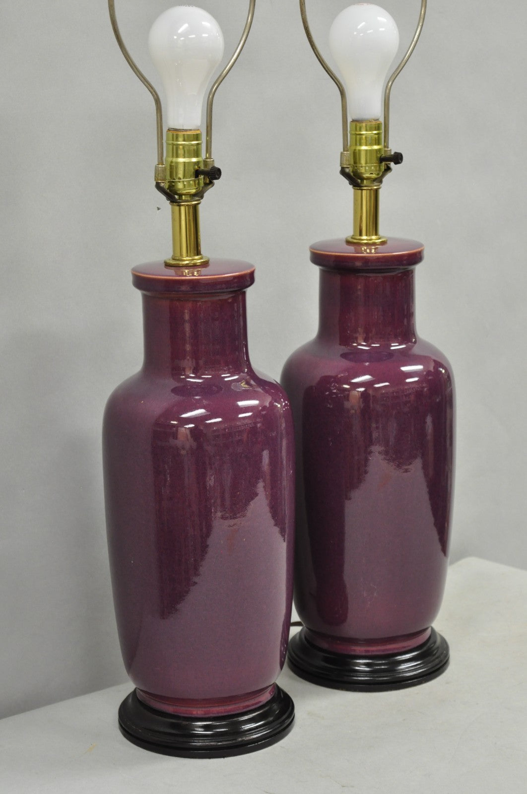 Vintage Chinoiserie Plum Purple Ceramic Porcelain Jardiniere Table Lamps - Pair