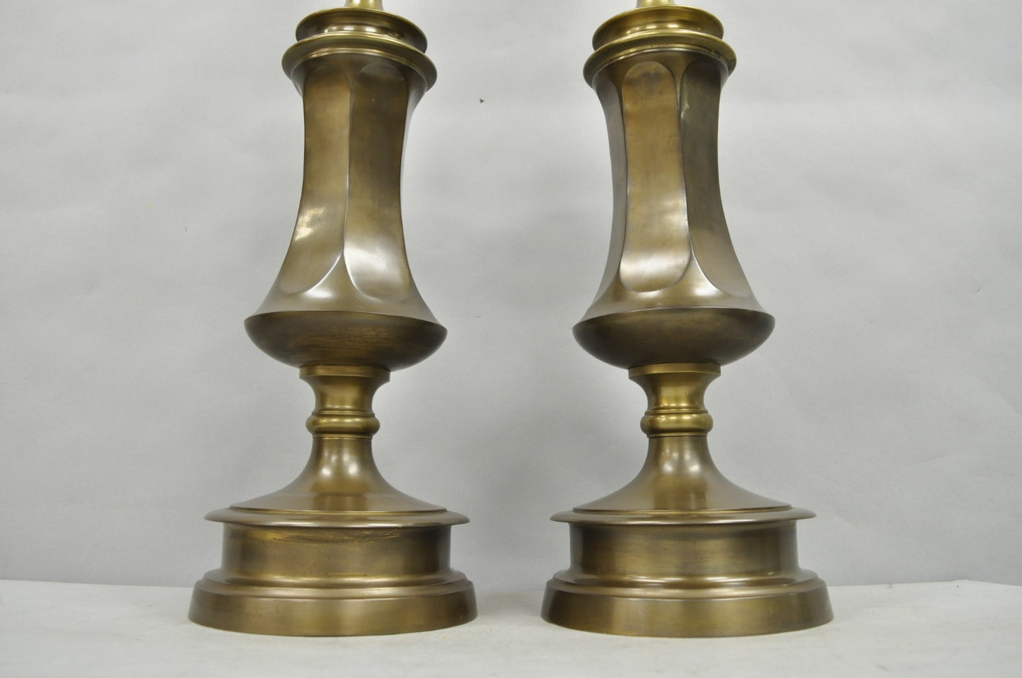 Vintage French Empire Patinated Bronze Brass Column Table Lamps by Wildwood Pair