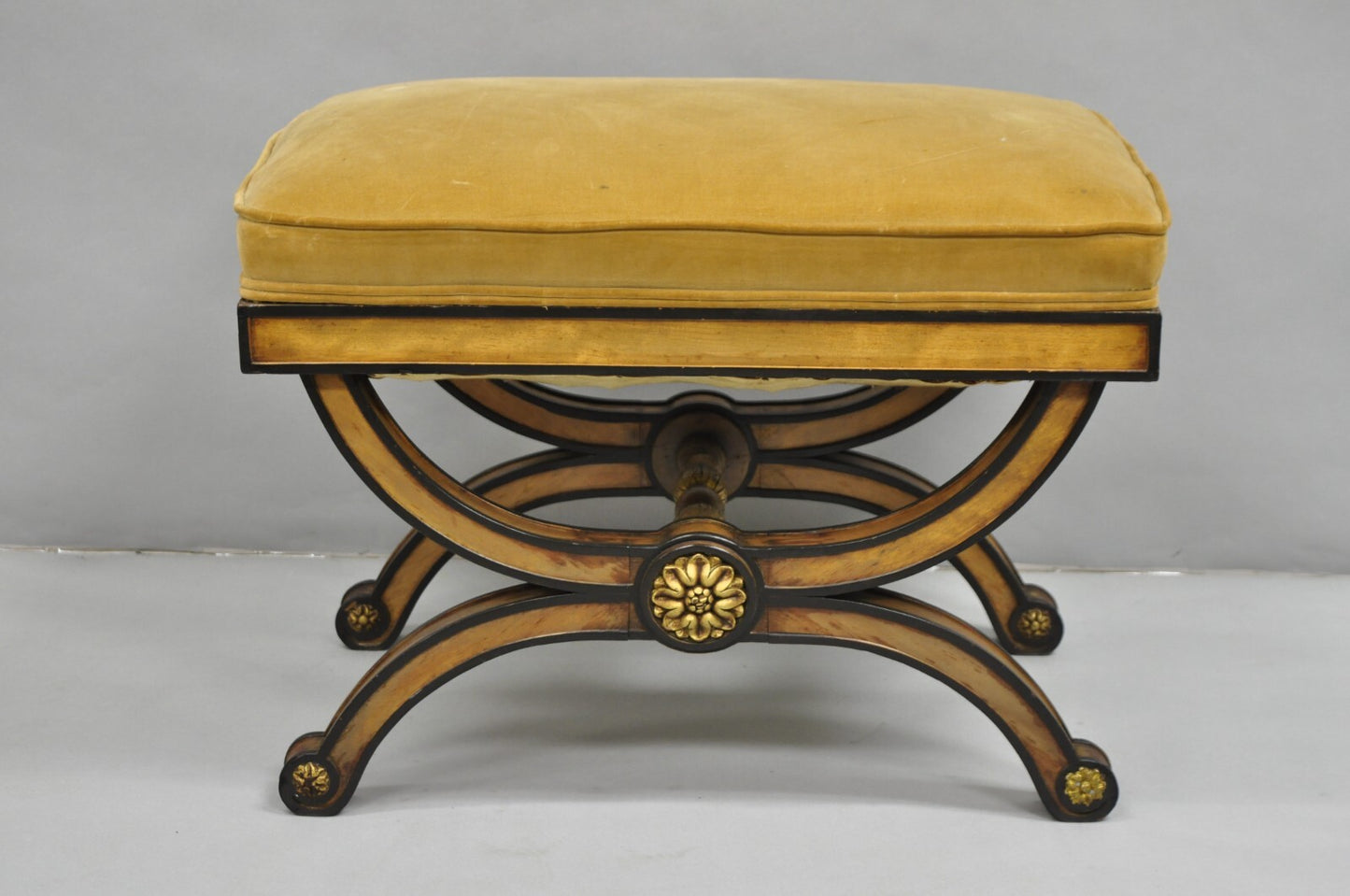 Vintage Italian Regency Style Curule Carved Walnut Upholstered X-Bench Stool