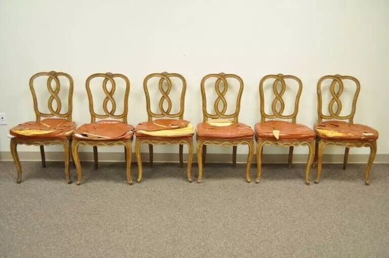 French Provincial Rococo Pretzel Back Hollywood Regency Dining Chairs - Set of 6