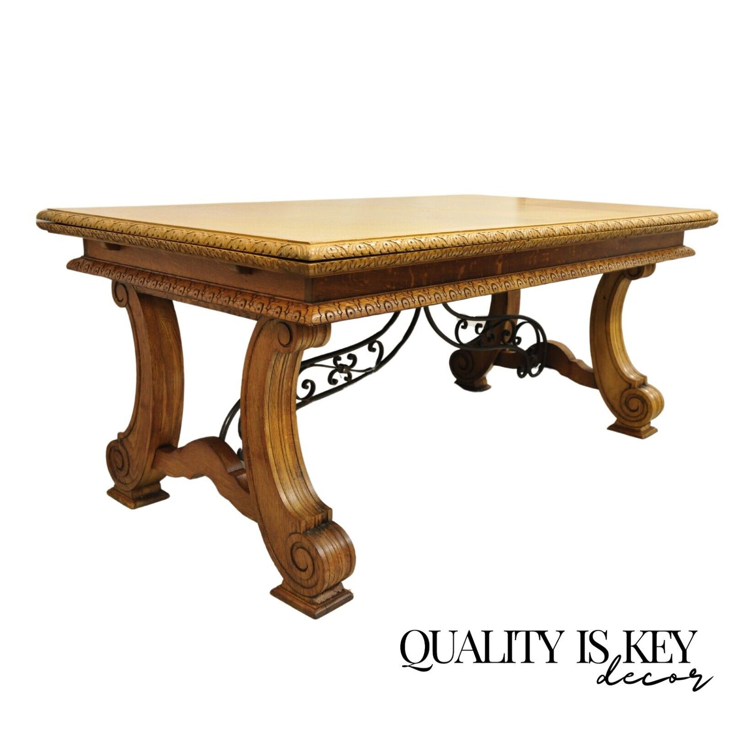 Antique Spanish Baroque Jacobean Oak Wood Refectory Extension Dining Table