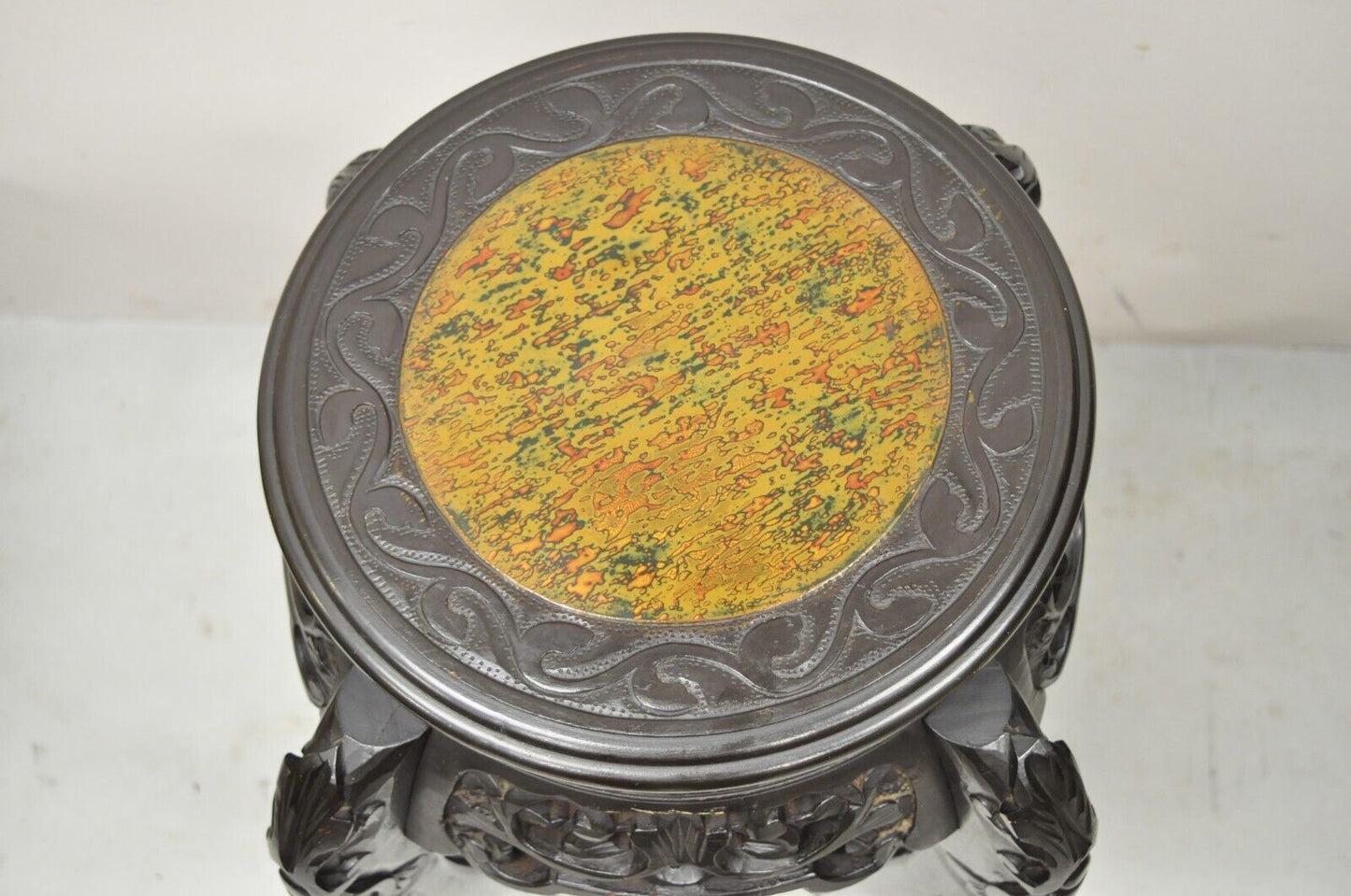 Japanese Carved Wood Black Ebonized 29" Plant Stand Side Table Lacquer Top