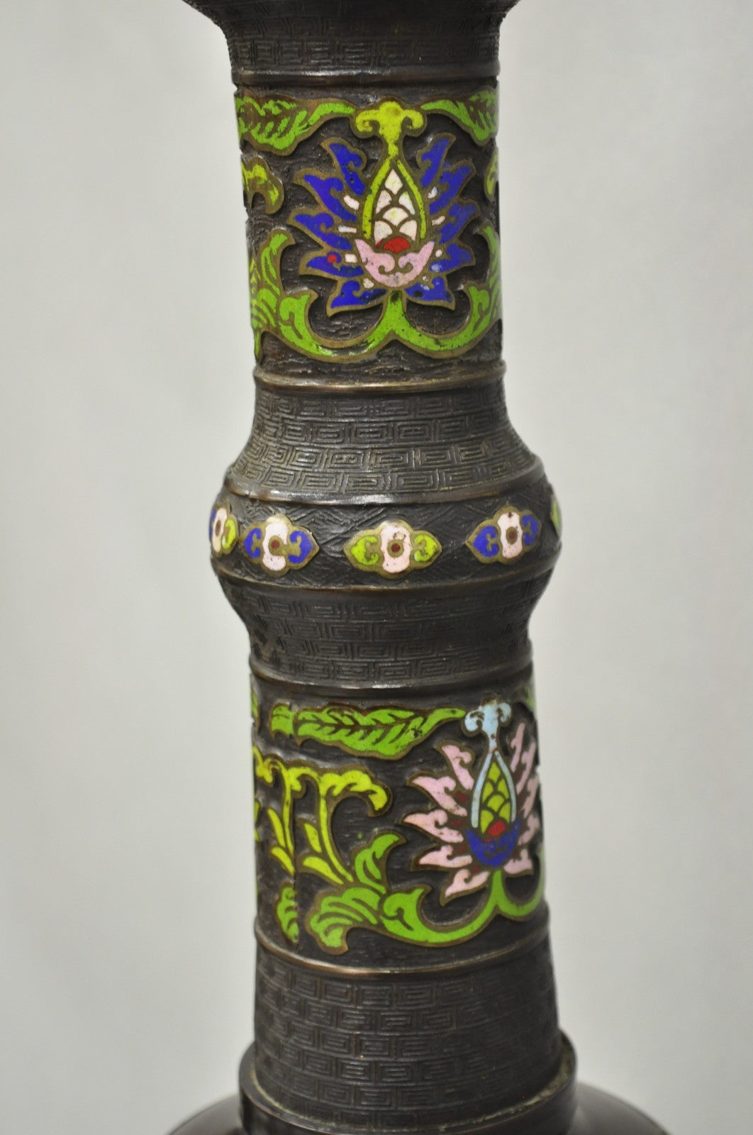 Antique Chinese Bronze Cloisonne Enameled Champleve Chinoiserie Table Lamp
