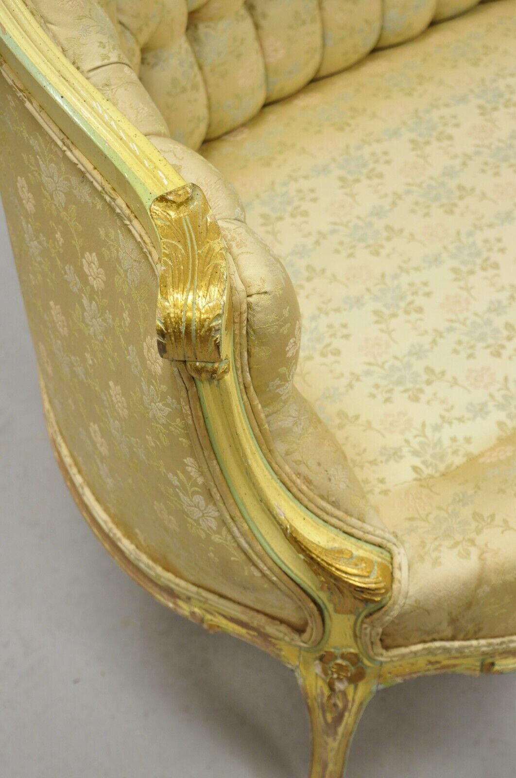 Vintage French Louis XV Rococo Style Yellow & Green Settee Loveseat Sofa