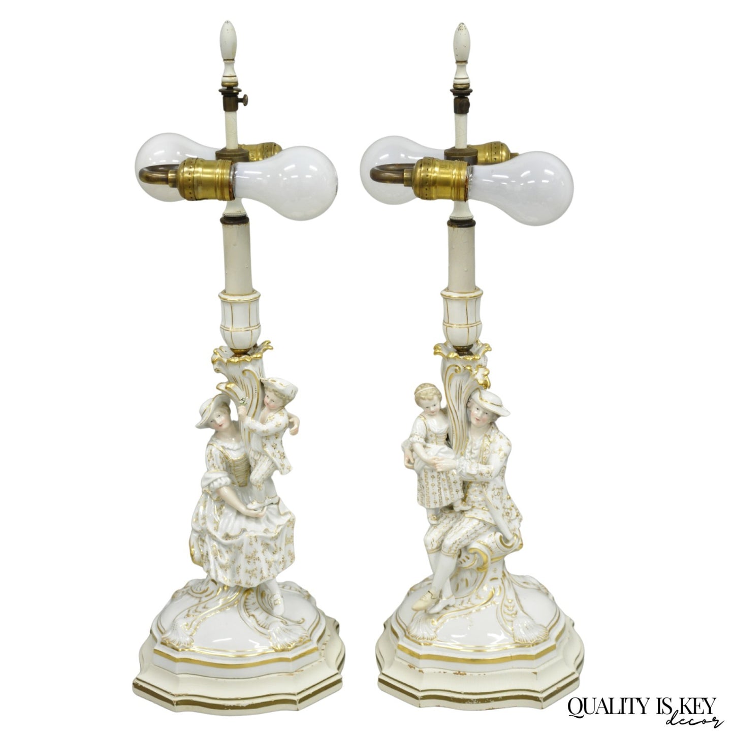 Antique Meissen Porcelain German Figural Lighted Candlestick Table Lamps - Pair