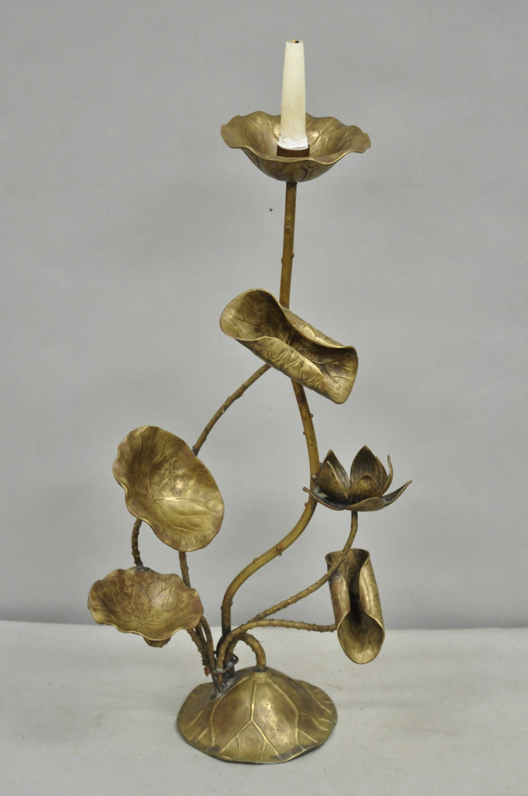 Vintage Hollywood Regency Brass Lotus Leaf Lily Pad Single Candlestick Holder