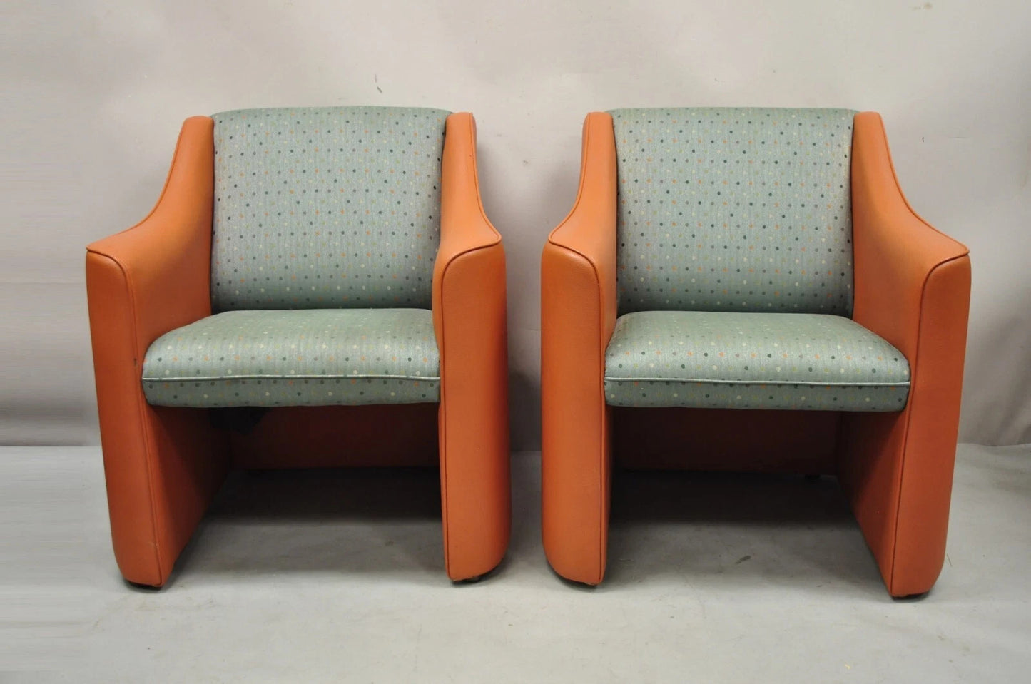 Postmodern Orange Green Lounge Chairs by Global Upholstery Company Ltd - a Pair