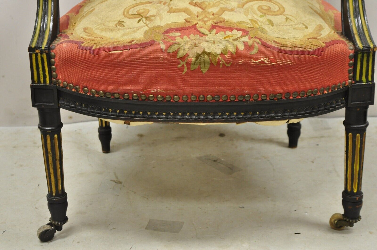 Antique French Empire Black Ebonized Walnut Needlepoint Parlor Arm Chair