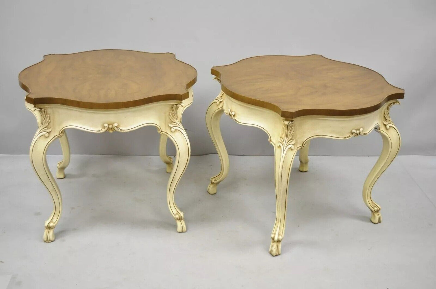 Karges French Louis XV Provincial Regency Style Walnut Top End Tables - a Pair