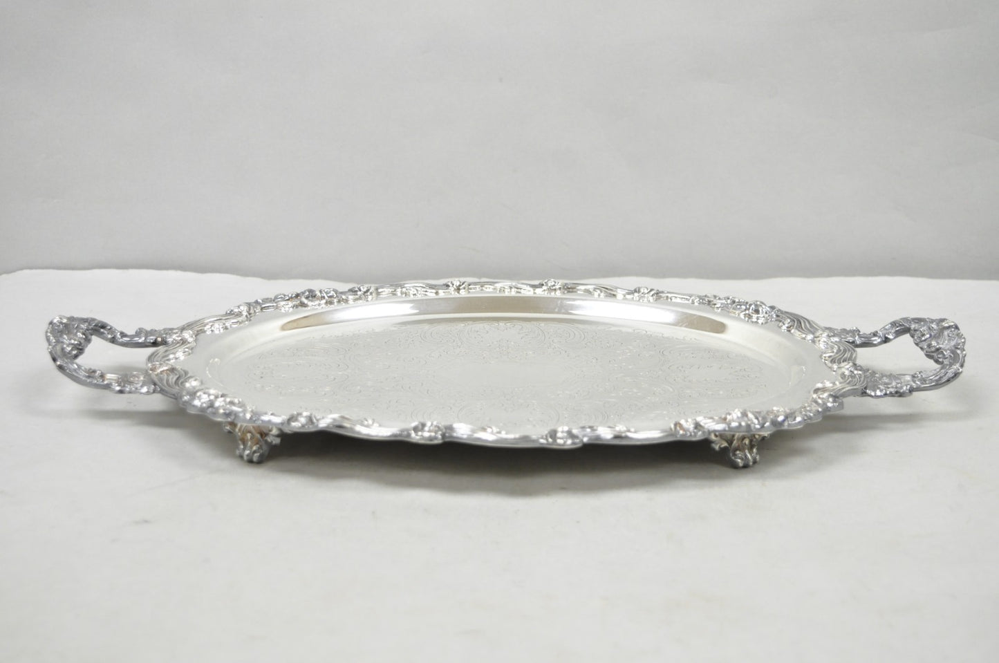Vintage Sheffield English Victorian Oval Silver Plated Footed Bar Tray w/Handles