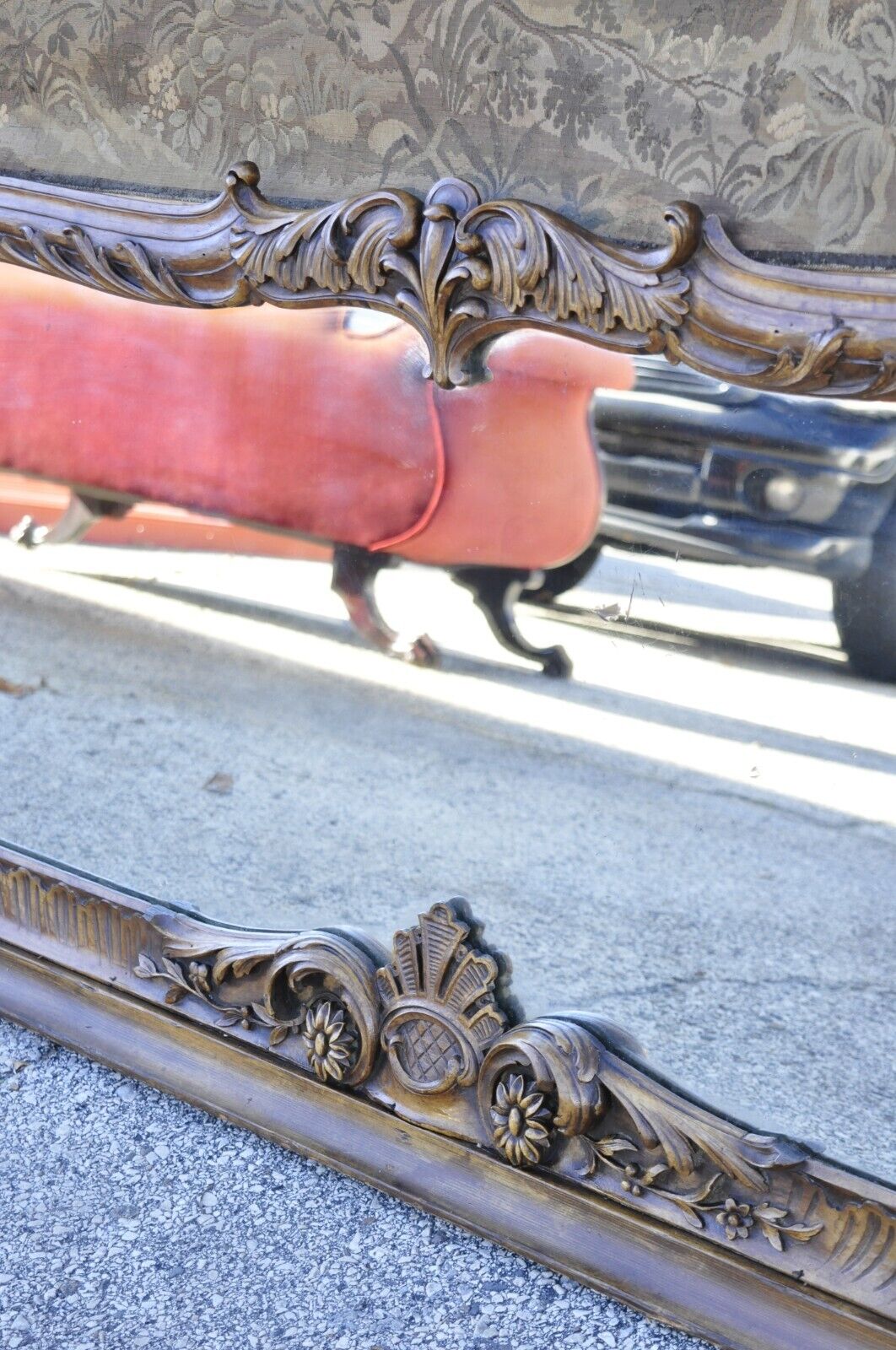 Antique French Louis XV Style Large Overmantle Trumeau Mirror with Tapestry