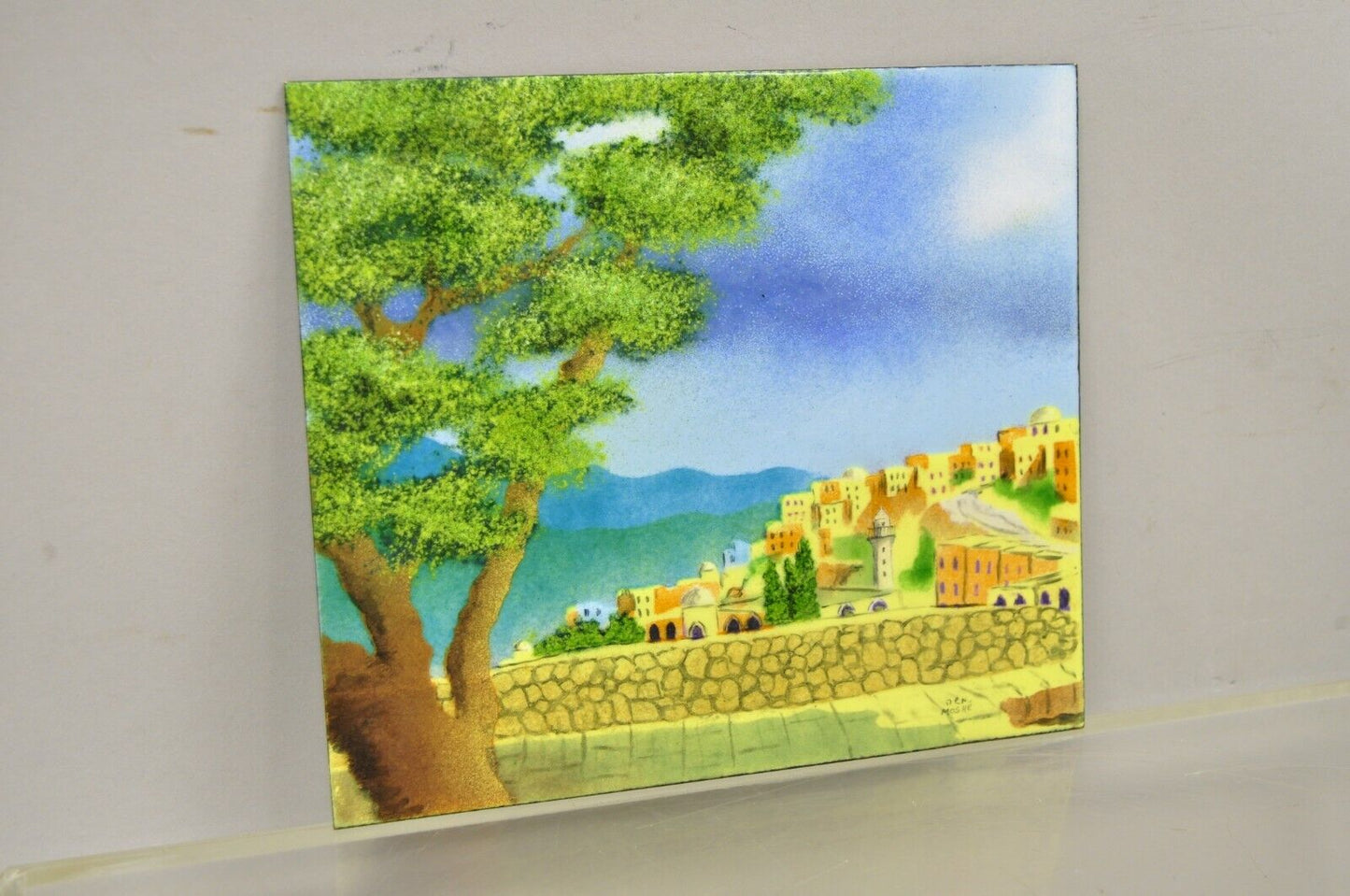 Den Moshe Signed Enamel on Copper Small Painting Yellow Countryside 7 x 8 Art