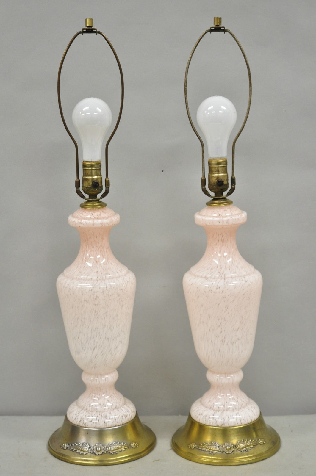 Vintage Mid Century Modern Italian Murano Glass Speckled Pink Table Lamps a Pair