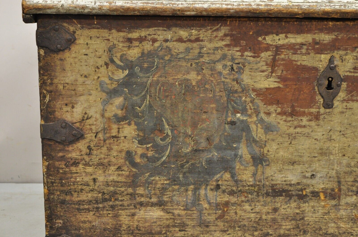 Antique European Painted Large Wooden Dome Top Sea Trunk Treasure Chest