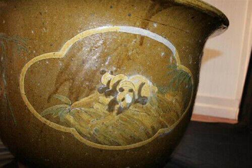 Chinese Chinoiserie Panda & Bamboo Pottery Jardiniere Garden Planter Flower Pot