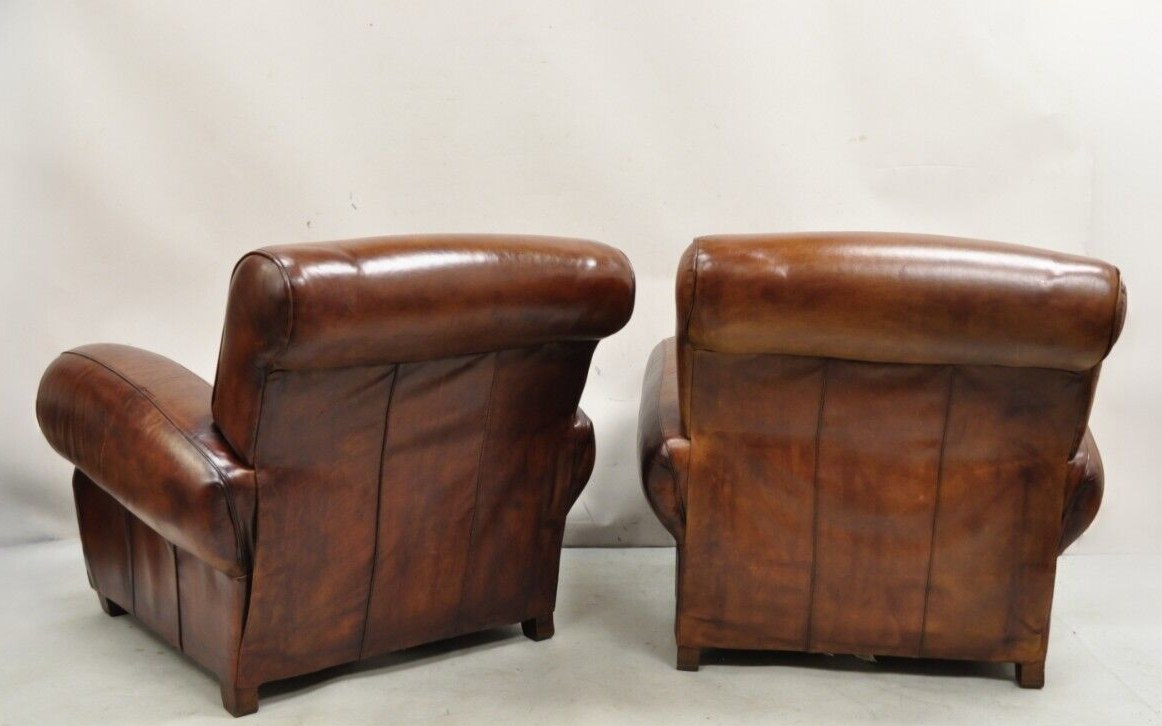 Pottery Barn Manhattan Brown Leather Recliner Art Deco Club Chairs - a Pair