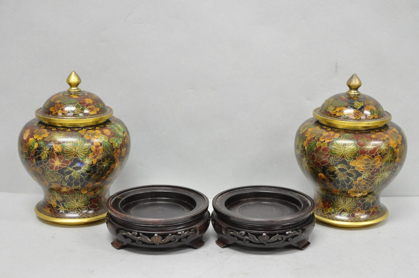 Vintage Cloisonné Chinese Small Enameled Brown Covered Ginger Jar on Stand, Pair