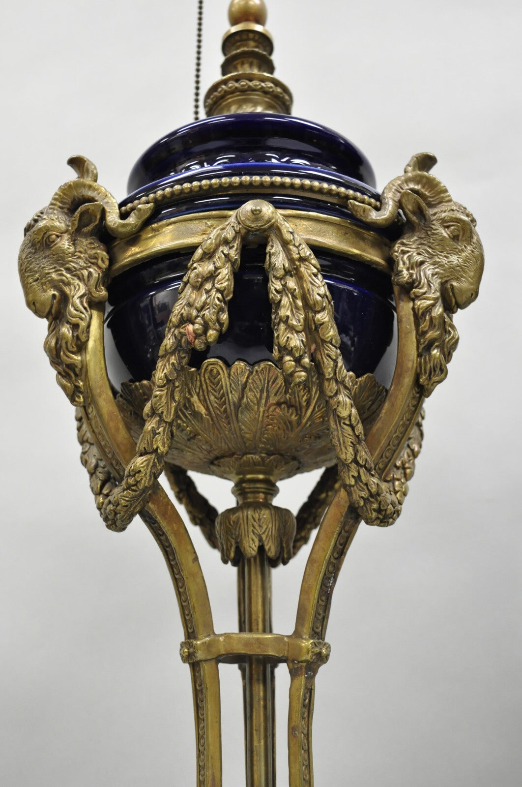 French Empire Neoclassical Bronze Ram Head Cobalt Blue Porcelain Table Lamp Pair