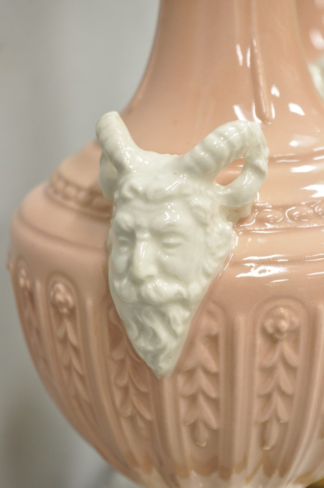 Vintage Italian Neoclassical Pink Porcelain Urn Table Lamps w/ Bearded Man, Pair