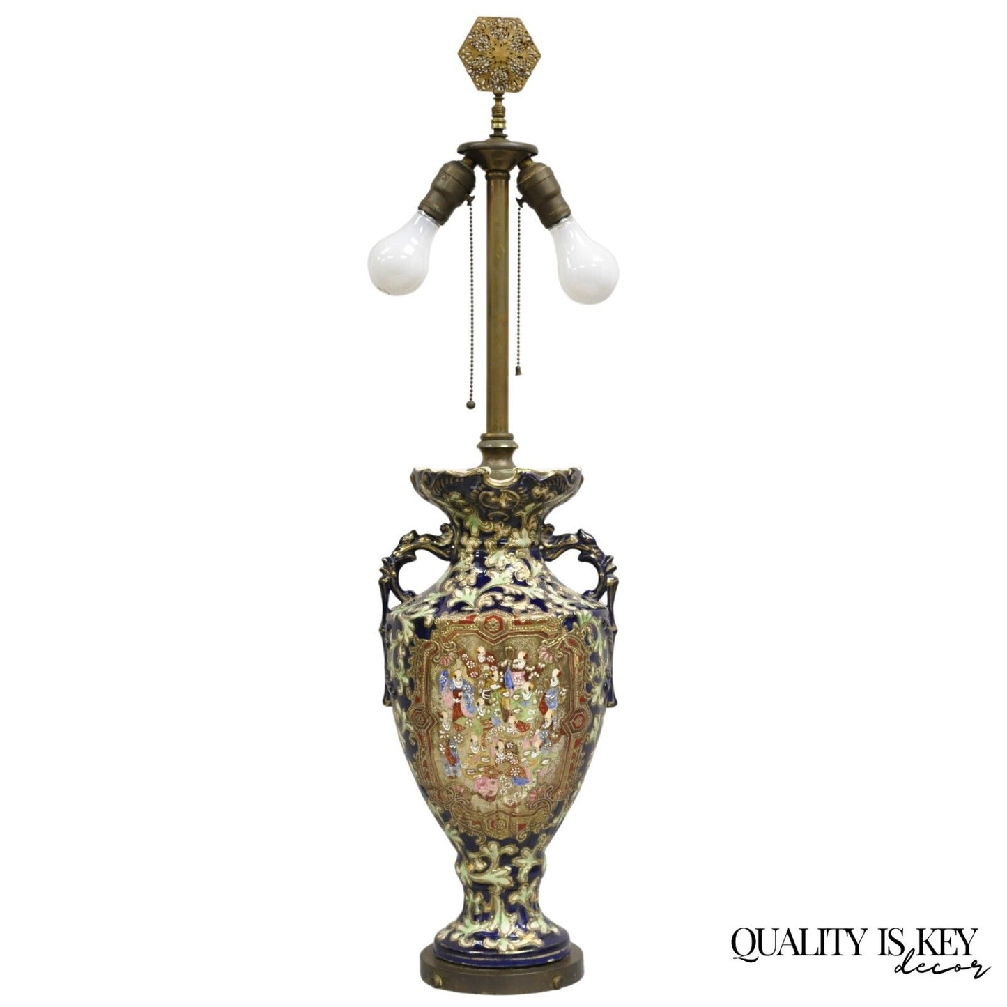 Antique Japanese Chinoiserie Blue Floral Porcelain "Wiseman" Large Table Lamp