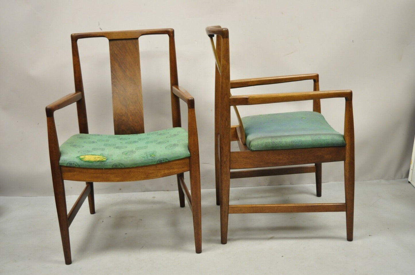 Mid Century Modern Walnut Curved Angled Back Dining Arm Chairs - a Pair