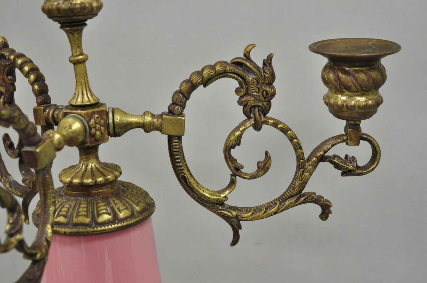 French Renaissance Art Nouveau Bronze 4 Candle Pink Glass Column Candelabra