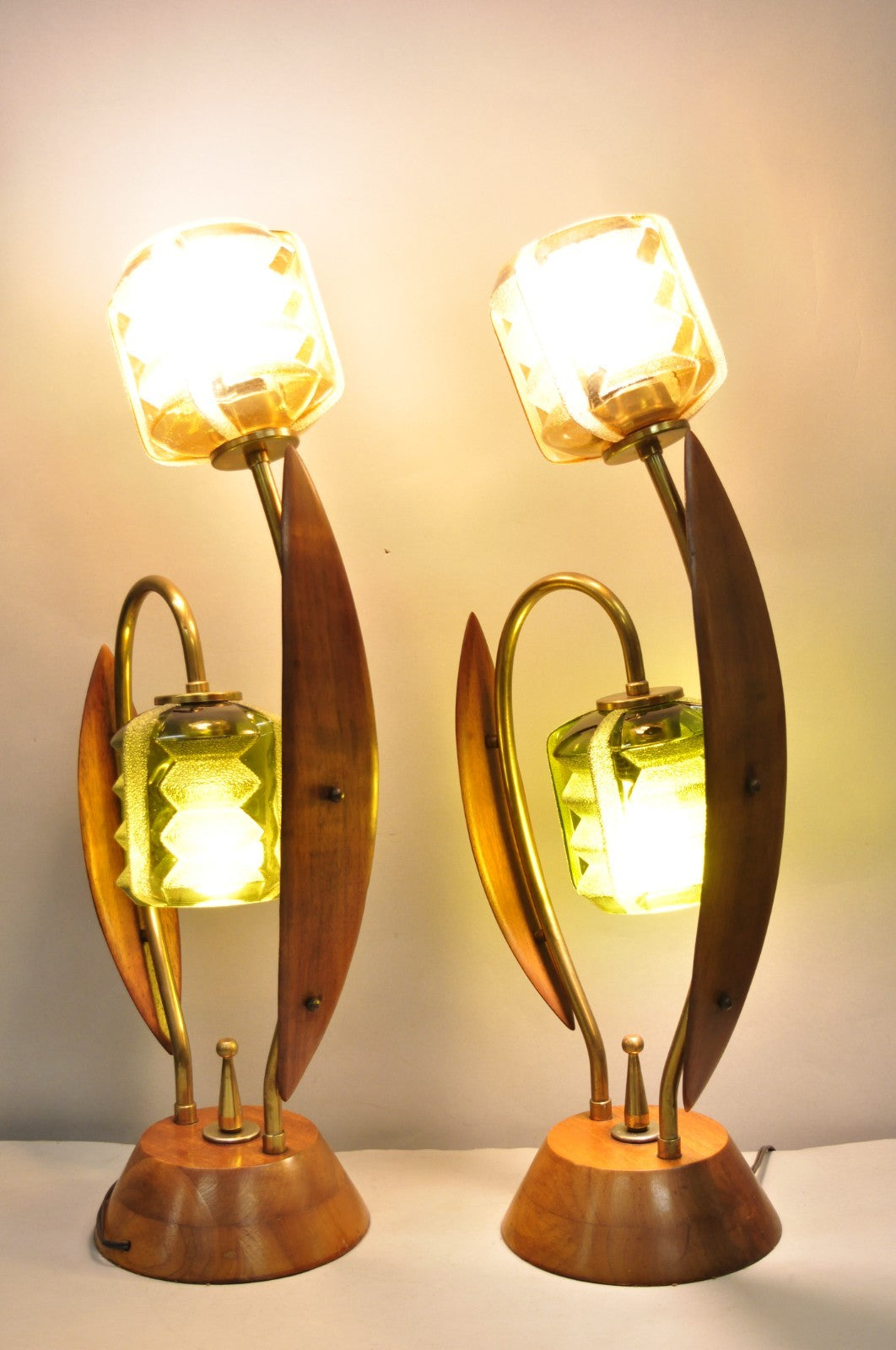 Vintage Mid Century Modern Walnut Tulip Flower Glass Shade Table Lamps - a Pair