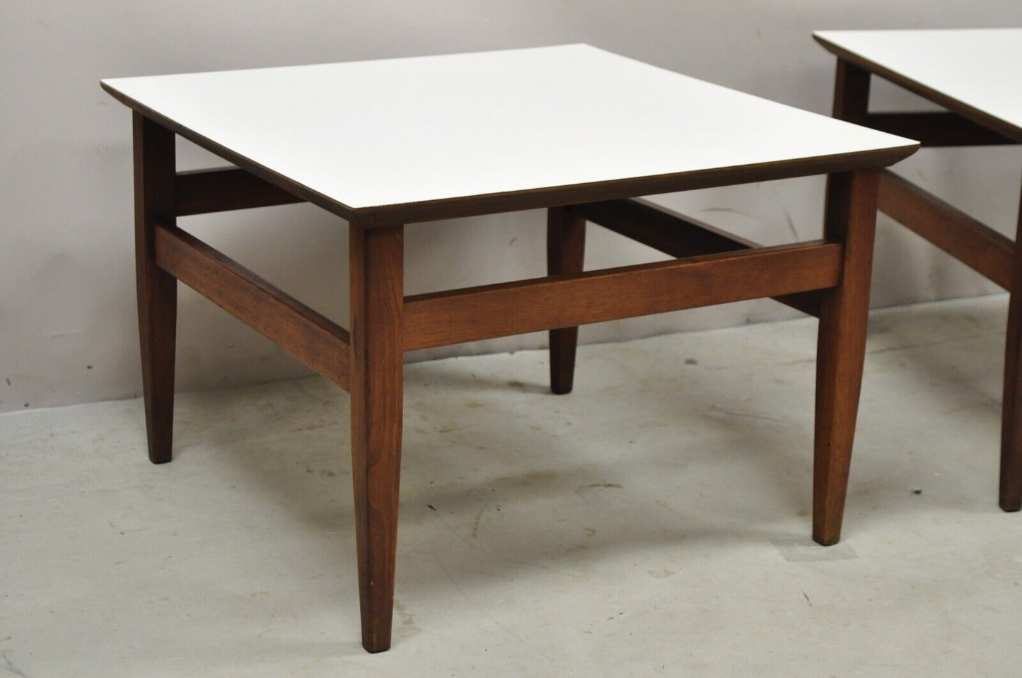 Vintage Mid Century Walnut Base Laminate Top Low Side Tables - a Pair